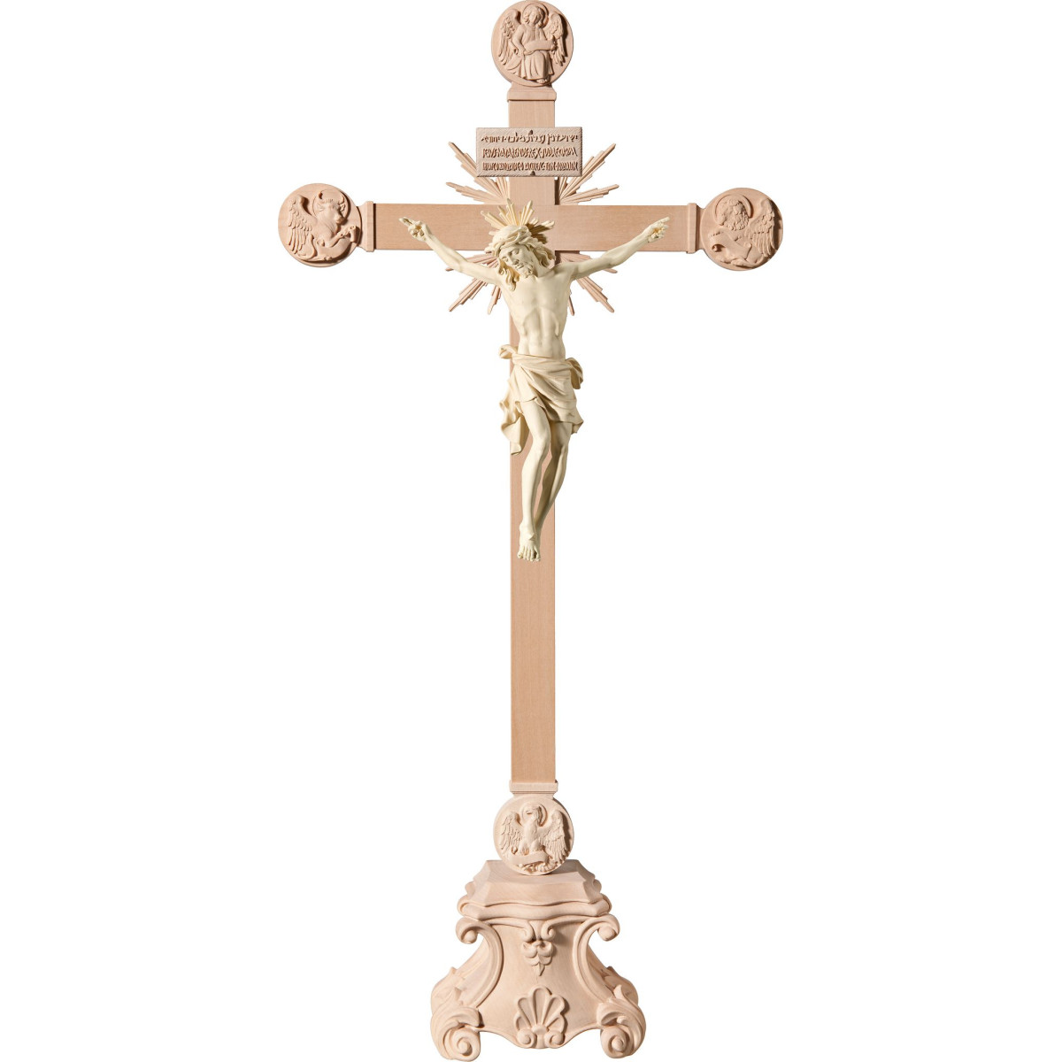 Cristo Barroco en Cruz con Evangelistas y rayos en peana con Titulus Crucis en hebreo - latín - griego